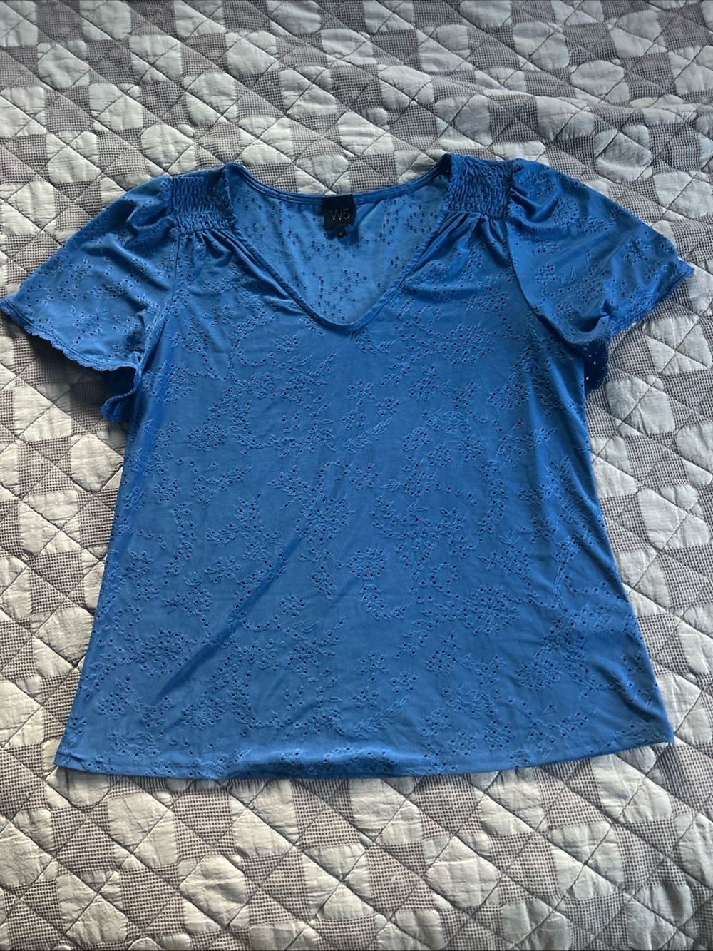 W5 Royal Blue Eyelet V-Neck Short Sleeve Top